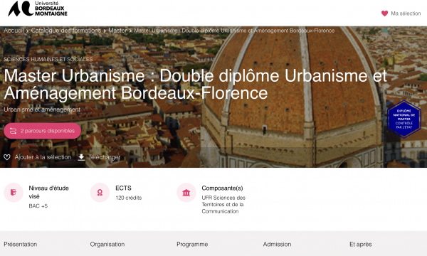 BANDO DI SELEZIONE per il Doppio titolo in Laurea Magistrale in Pianificazione e progettazione per la sostenibilit&agrave; urbana e territoriale e Master Urbanisme et Am&eacute;nagement dell&rsquo;Universit&agrave; Bordeaux Montaigne.
